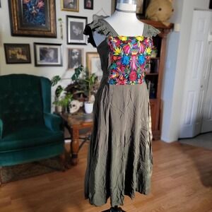 Mexican Midi Dress Floral Embroidered Olive Green Boho Flutter Sleeve Sun Dress